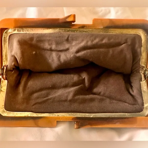 ***SOLD*** Vintage Asian Inspired Silk Clutch & Matching Coin Purse Tortoise - Picture 6 of 9